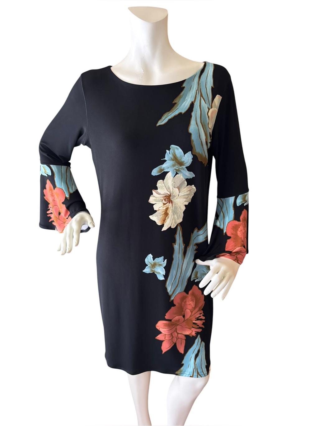 Eva Varro Black Floral Shift Dress With Orange, Cream & Blue Accents